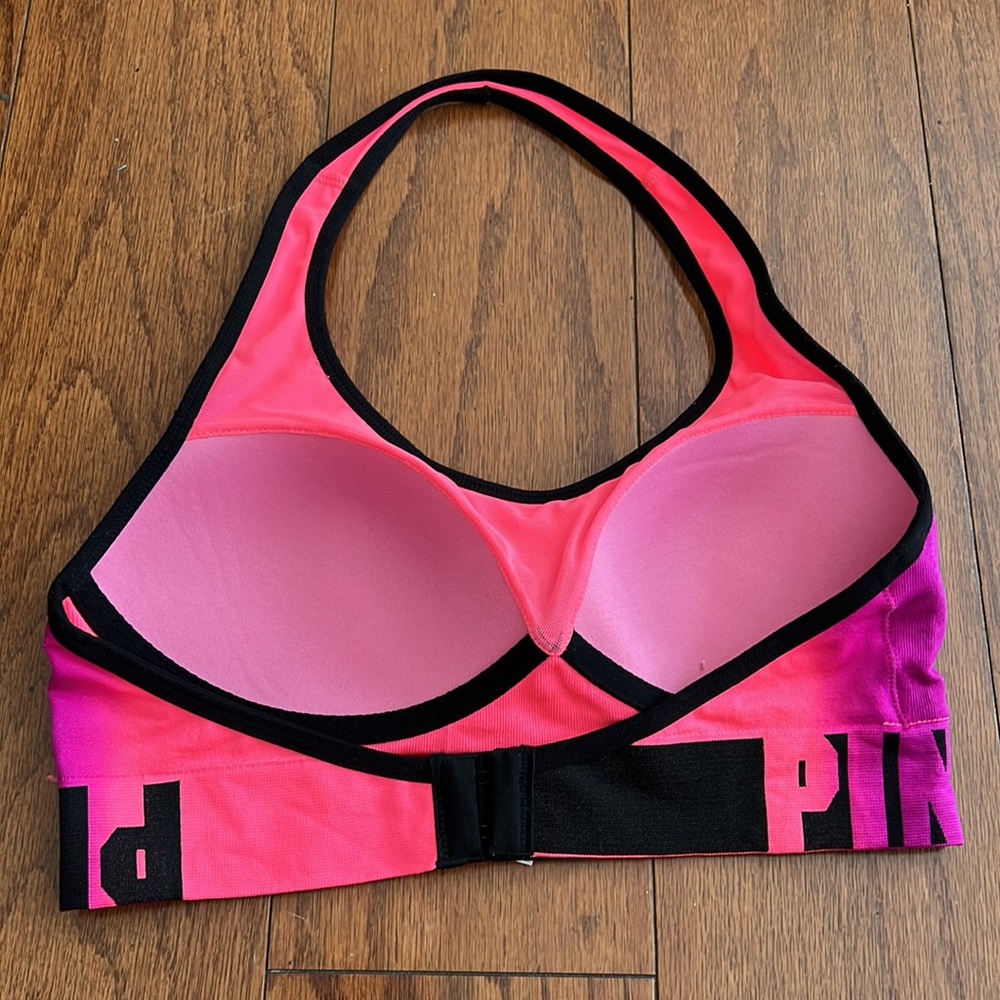 PINK Victoria's Secret Hot Pink to Magenta Ombre Sports Bra with Black Trim - Picture 2 of 3